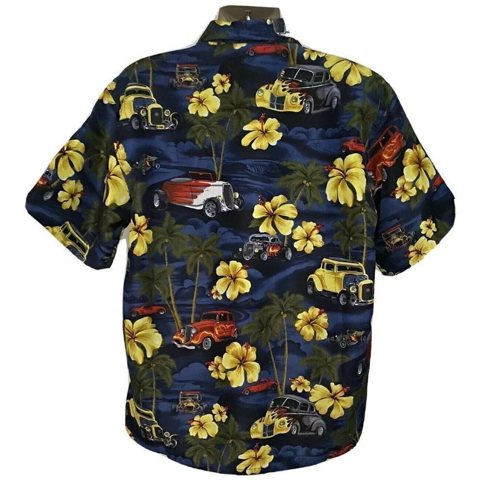 Ferugini Blue Hawaiian Floral Classic Hot Rod Cars Button Front Shirt 2XL XXL - Picture 3 of 6
